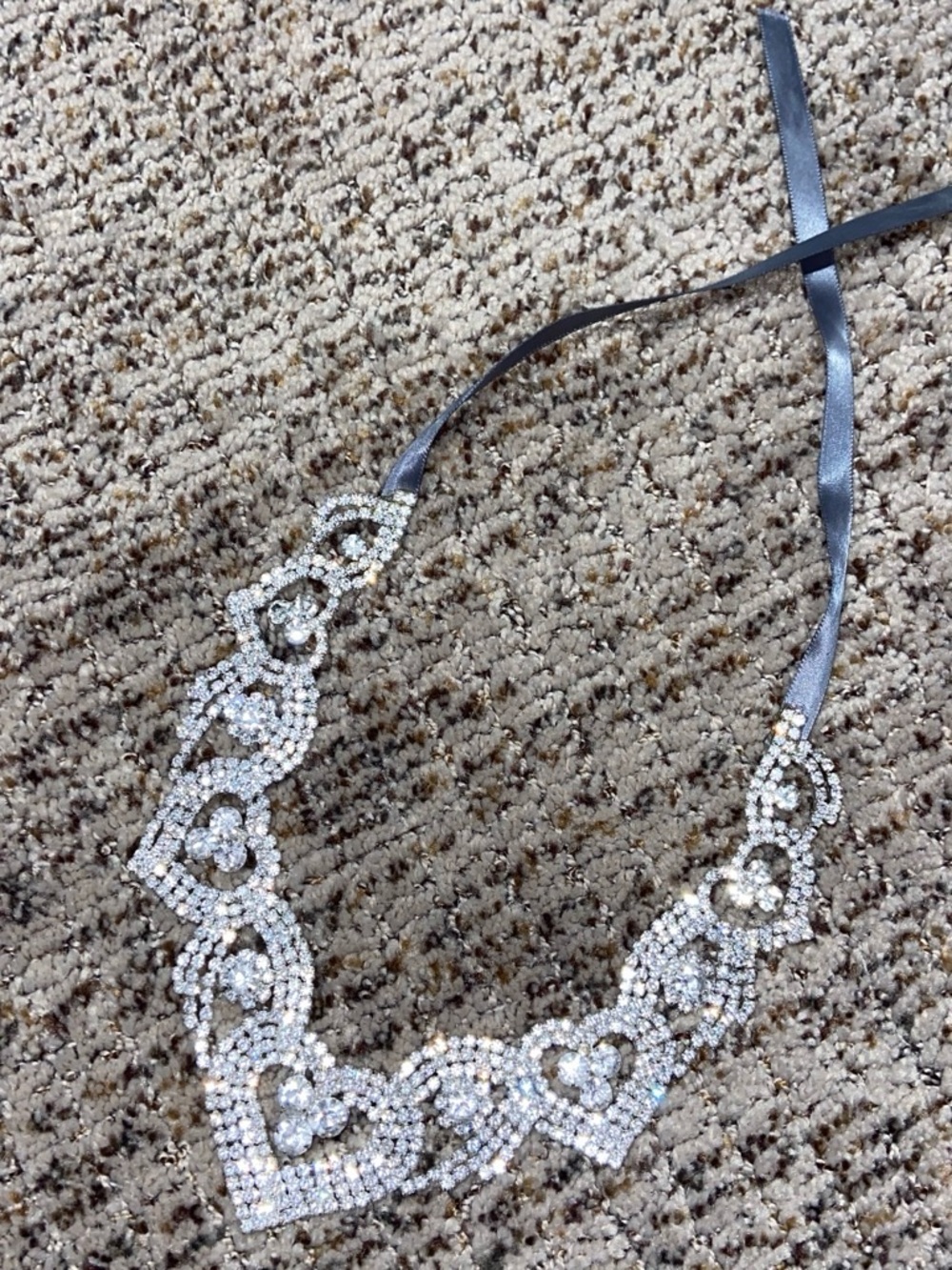 Crystal Heart Rhinestone Necklace with Gray Ribbon